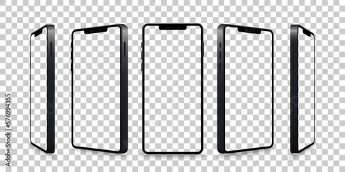 Smartphone mockup collection. Realistic models smartphone with transparent screen. Device front view. 3D mobile phone with shadow. Vector illustration isolated on transparent background. EPS 10