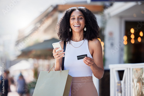 Fotografia Credit card, shopping and portrait of woman with phone for ecommerce, information or subscription