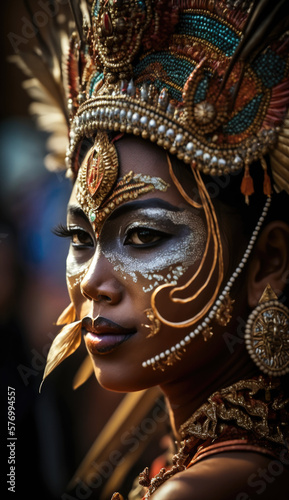 Balinese Dance Artistry. Portrait of Balinese dancer's face with intricate makeup. Cultural concept. AI Generative
