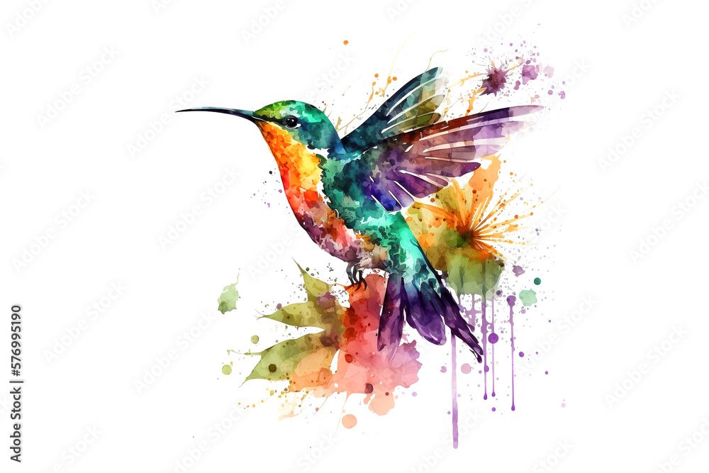 hummingbird draw with multicolored watercolor paints isolated on white background. Generated by AI