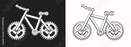 Bicycle made with gears, metal rails, rivets. Monochrome badge for repair bike service in vintage steampunk style. Good for craft design.