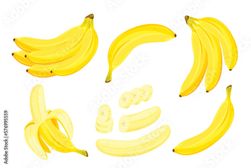 A set of bananas.Bunch of bananas, slices of bananas, peeled banana.Vector illustration.
