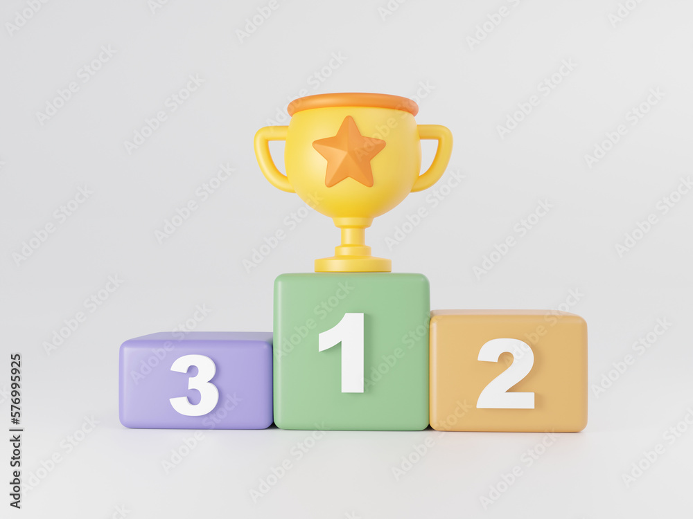 3d winners podium with golden cup. 3d trophy on podium stage. 3d render illustration. 3d winners podium with golden cup. 3d trophy on podium stage. 3d render illustration.