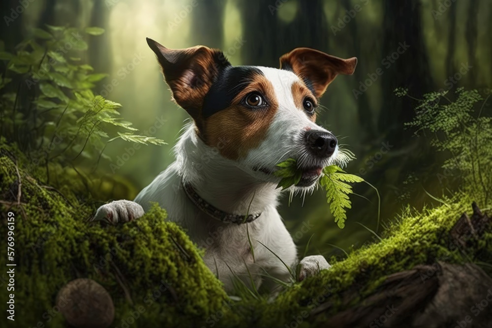 Canine eating moss in the woods. An adorable Jack Russell enjoying the outdoors. Generative AI