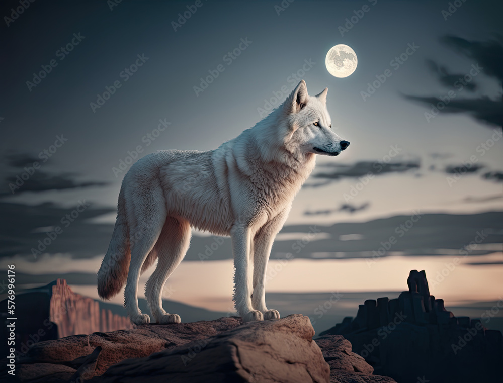 A majestic white wolf standing on a mountaintop, howling at the full