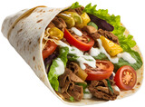 tortilla with meat and vegetables, colorful tortilla, delicious shoarma, fast food, kebab in a tortilla. Generative AI