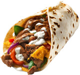 tortilla with meat and vegetables, fast food, colorful tortilla, kebab in a tortilla, delicious shoarma. Generative AI