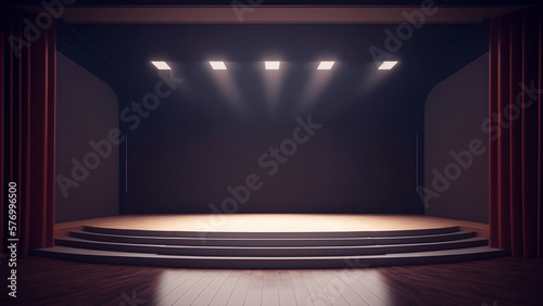 Empty stage of the theater simple minimalist with front view and copy space, lit by spotlights and smoke before the performance created with Generative AI