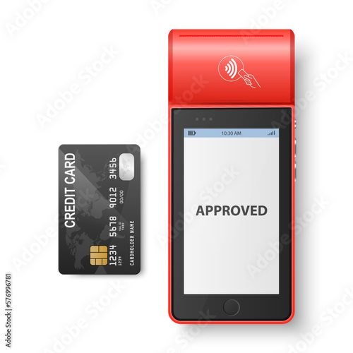 Vector 3d Red NFC Payment Machine, Approved Status and Credit Card Isolated. Wi-fi, Wireless Payment. POS Terminal, Machine Design Template of Bank Payment Contactless Terminal, Mockup. Top VIew