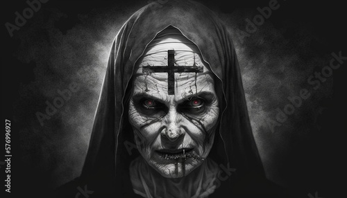 Nun possessed by the devil, the mark of the crucifixion is fixed on her forehead, showing all the power of evil that dwells within her. Generative AI.