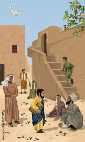 Zacchaeus giving to the poor and returning money he stole. Biblical illustration depicting Luke 19.