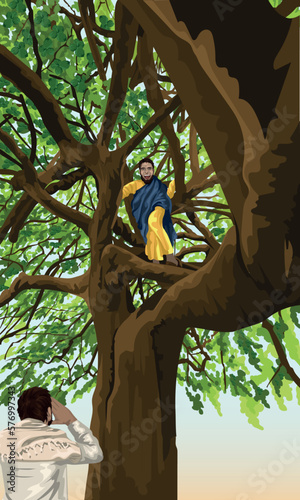 Jesus Calling for Zacchaeus to come down from where he is stood in the sycamore fig tree.  Biblical story depicting Luke 19:1-10.
