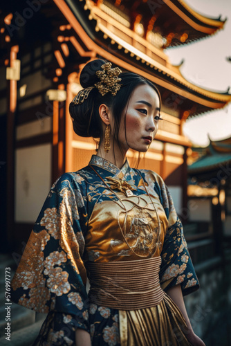 A Geisha's Elegance: Vibrant Dress and Gold Embroidery Stands before Japanese Temple ai generative