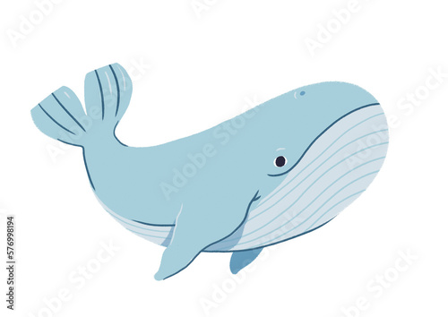Illustration d'une baleine sur fond transparent, dessin animé mignon style enfant, mammifère marin, animal de la mer et de l'océan, poisson bleu 