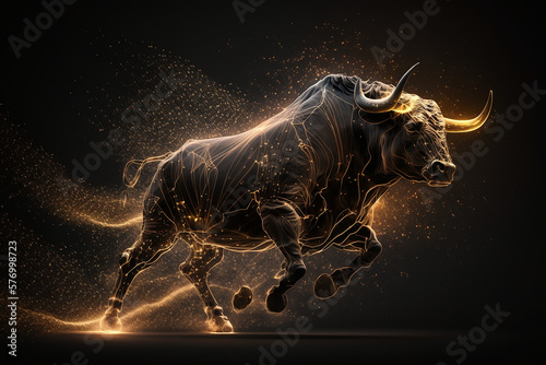 charging bull surrounded by golden_light_particles running. Stockmarket with bullmarket picture