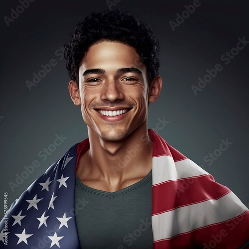 Smiling young Latino man carrying the U.S. flag on his shoulders.