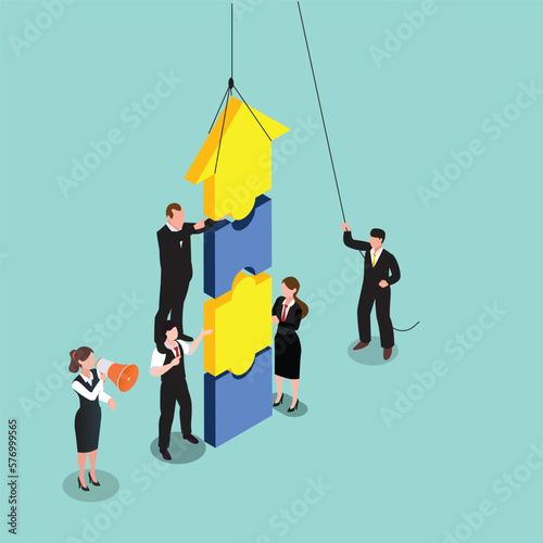 Business teamwork build upward arrow from puzzles 3d isometric vector illustration concept for banner, website, landing page, ads, flyer template
