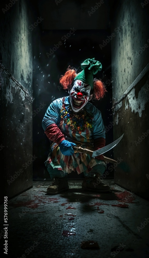 Clown with a scary look with a big knife in his hand. Generative AI. Clown with a scary look with a big knife in his hand. Generative AI.