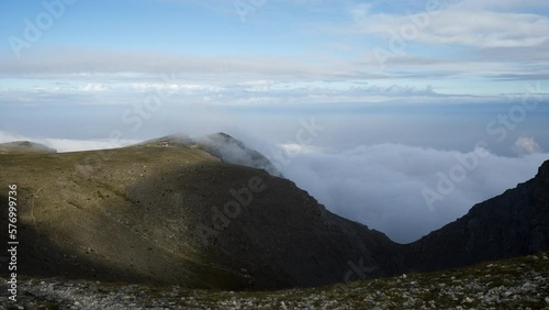 Timelapse clouds moving Mountain Olympus Kakalos refuge Shelter Greece  Sunset photo