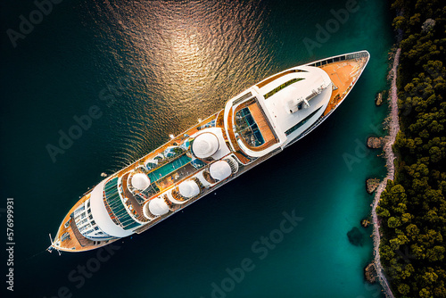 realistic illustration of big white cruise ship at ocean or sea, perspective view Generative AI © Nataliia