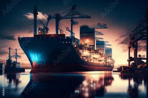 Cargo sea port with cargo freight ships, harbour port cranes Generative AI