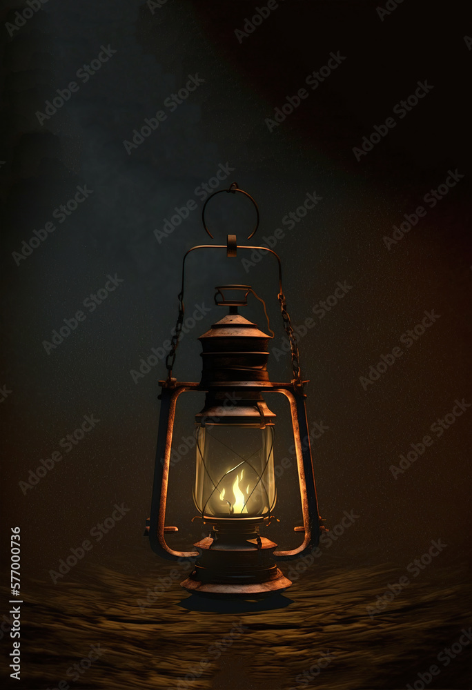 Vintage Kerosine Oil Lantern Lamp Burning with a Soft Glow Light
