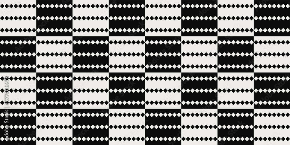 Checkerboard pattern with small diamonds. Checkered black and white tiles with micro rhombuses. Print for seamless vector surfaces.