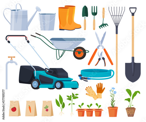 Foto Garden tools and seedlings