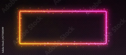 Gradient neon frame, glowing border with sparkles, led pink-yellow rectangle. Modern futuristic outline, tropical banner with pink and orange colors. Design UI element. Vector illustration.