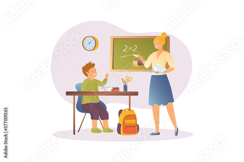 Concept Study with people scene in the flat cartoon style. Teacher conducts a math lesson for a student and explains various exercises.