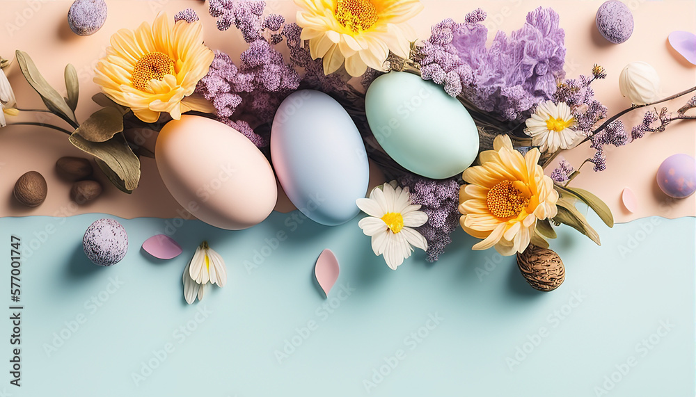 Pastel Color Easter Eggs Background. Flowers and eggs on blue background.