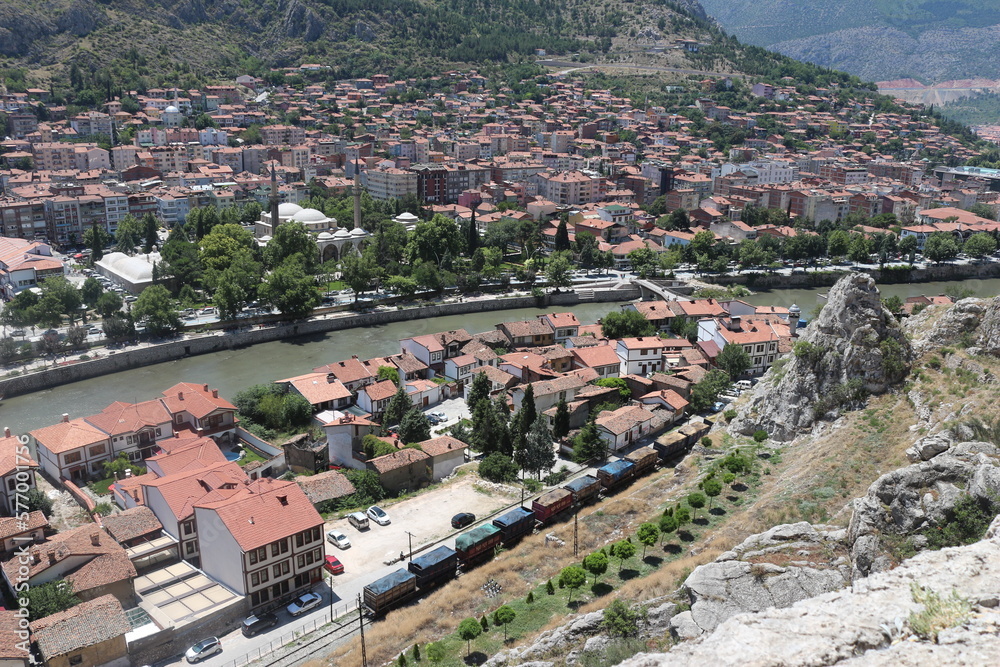 Old Amasya houses by the river, view from the mountain