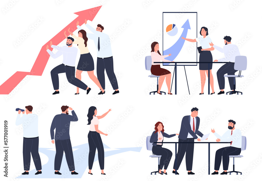 A team of businessmen work together to achieve a successful goal. Team work. Search for successful business solutions. Vector illustration