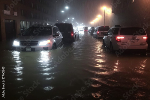 The Chaos of Urban Flooding: A Line of Cars Partially Submerged in Water, The Devastating Consequences of Heavy Rains AI Generative
