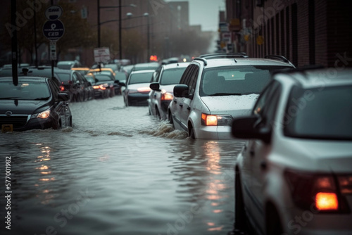 Tablou canvas The Chaos of Urban Flooding: A Line of Cars Partially Submerged in Water, The De