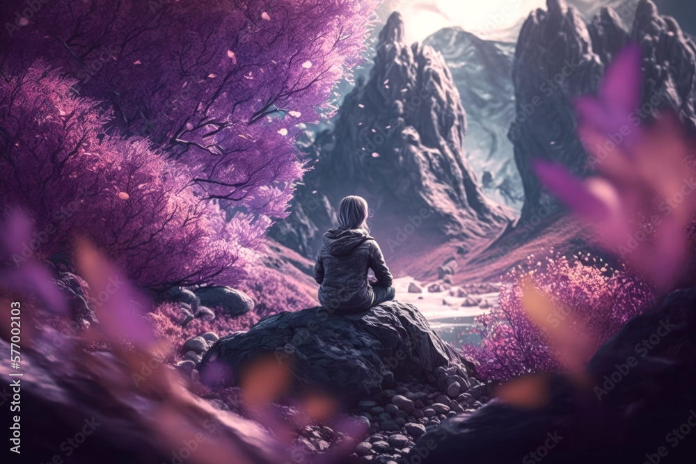 Fototapeta premium Meditation: Meditating girl in a calm atmosphere with a beautiful landscape | Generative AI Production