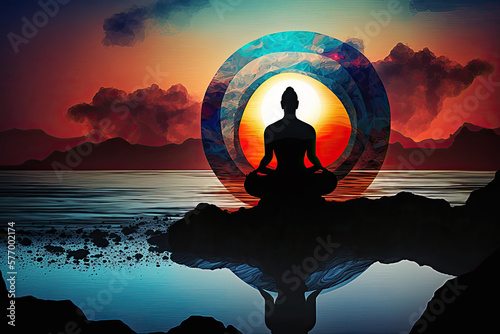 abstract picture of a yogi sitting in a lotus position facing the sunset at the water's edge and the outlines of mountains on the horizon