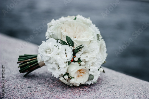 bridal bouquet, bride, groom, wedding