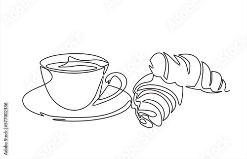 Croissant and coffee drawn in one line style. Breakfast theme with linear pastry and coffee for logo and posters, simple sketch design. Vector illustration isolated on white background