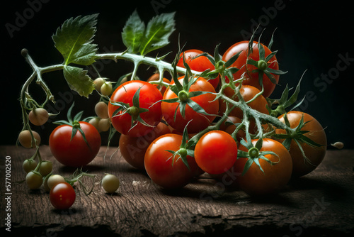 Juicy and appetizing cherry tomatoes on dark background. Ai generated art