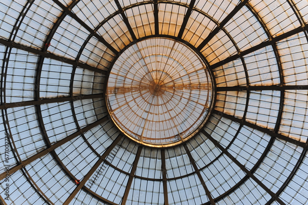 The roof of the glass dome of the pavilion with metal frames in the gallery in Milan, Italy, Europe
