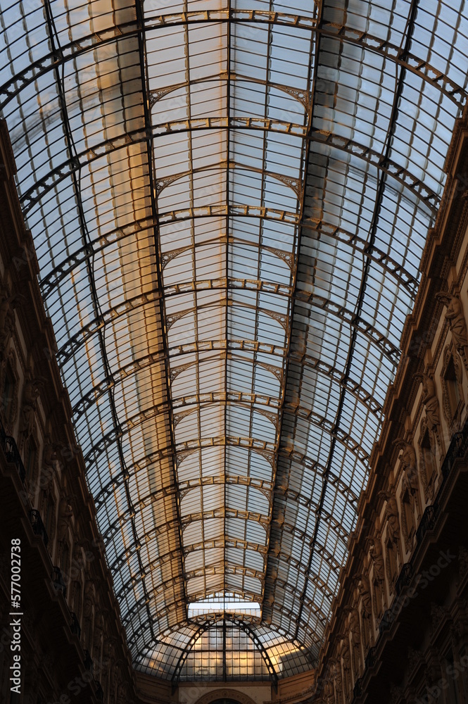 The roof of the glass dome of the pavilion with metal frames in the gallery in Milan, Italy, Europe