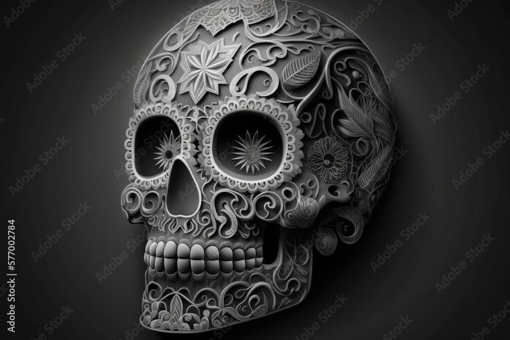 Image of a sugar skull used in the dia de los muertos or day of the dead celebration, set on a dark grey background. Generative AI Image of a sugar skull used in the dia de los muertos or day of the dead celebration, set on a dark grey background. Generative AI
