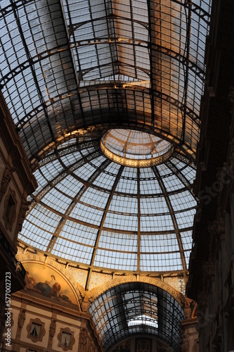 The roof of the glass dome of the pavilion with metal frames in the gallery in Milan  Italy  Europe