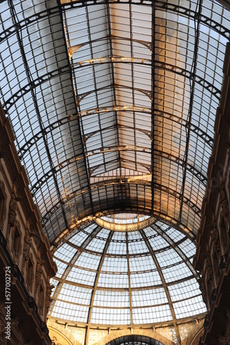 The roof of the glass dome of the pavilion with metal frames in the gallery in Milan  Italy  Europe