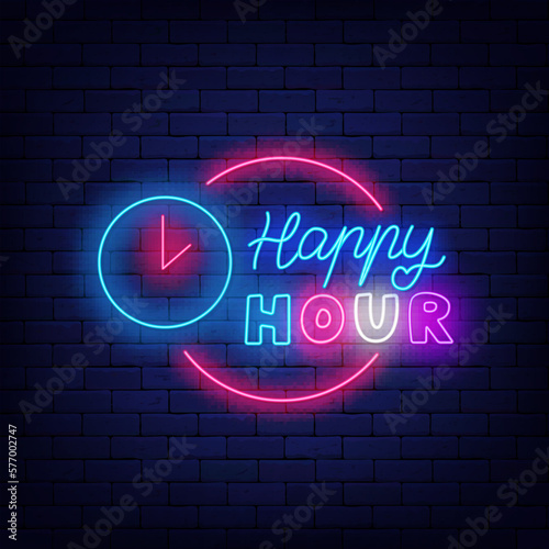 Happy hour neon label. Discount for food market. Circle frame with clock on brick wall. Vector storck illustration