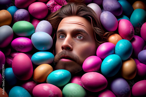 Jesus surrounded by Easter eggs, Generative AI