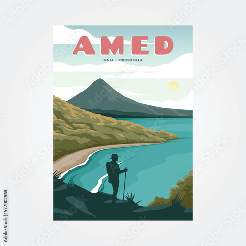 amed beach bali travel vintage poster illustration design, sea view landscape background design photo