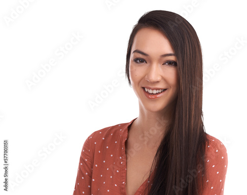 A headshot of a happy Asian female model face or a woman with natural makeup, glowing facial skincare, cosmetics with copy space isolated on a png background.