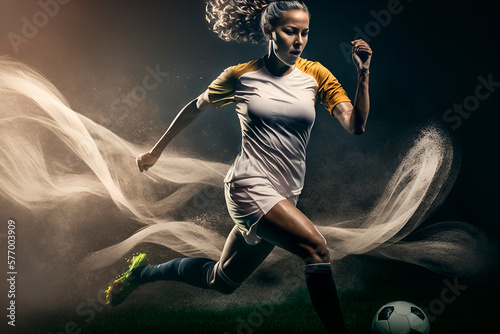 Woman soccer player running with the ball. Generative AI photo